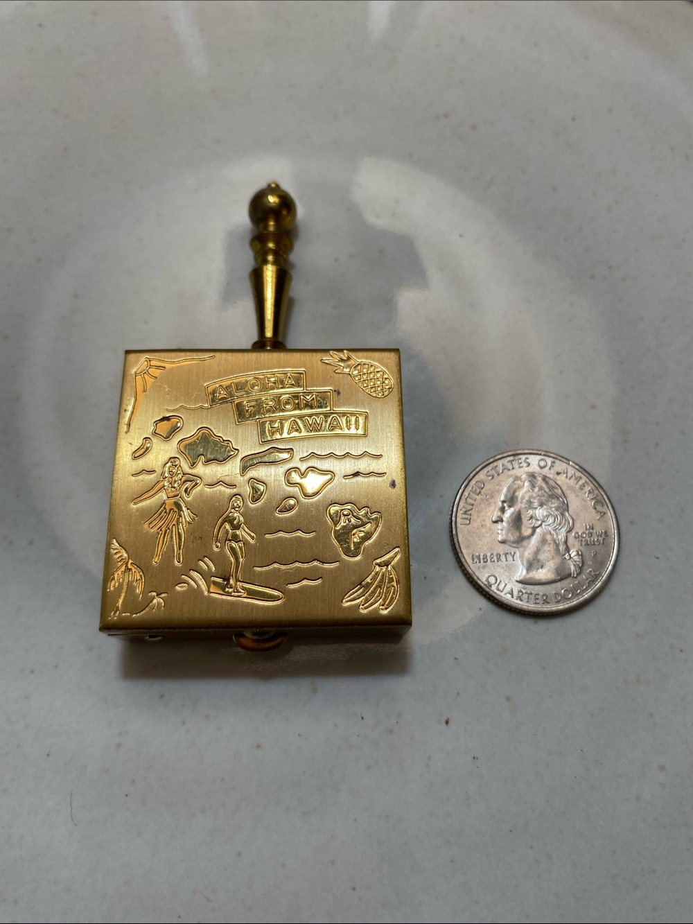 Hawaii Gold Tone Square Pocket Ashtray Vintage Travel Souvenir